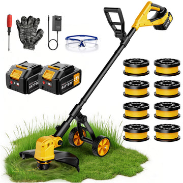 Lemolifys 12-Inch Brushless Cordless String Trimmer with Wheels, 21V Batterry and 8Pcs Line for Yard Garden, W3-2
