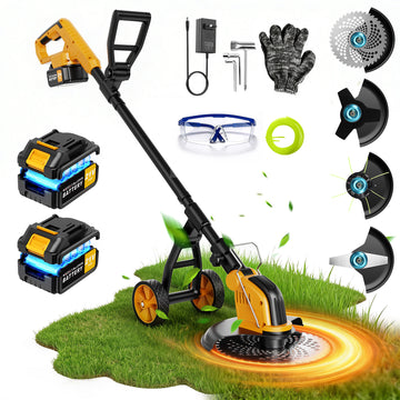 Lemolifys 12-inch Electric Weed Wacker, 20000 RPM Brushless Cordless String Trimmer with 2Pcs 3000mAh Battery, 5 Blades, Wheels & Adjustable Length, 4-in-1 Weed Eater for Yard Garden, W2-5