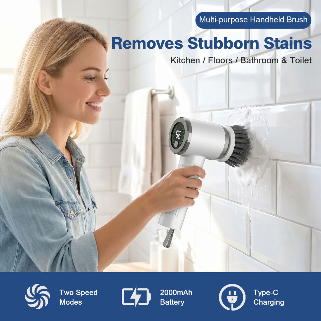 Amiluo Electric Spin Scrubber, 2000 mAh Battery Cordless Handheld Cleaning Brush, 2 Speeds Power Scrubber with 6 Replaceable Heads & Display for Bathroom/Shower/Sink/Tub, White